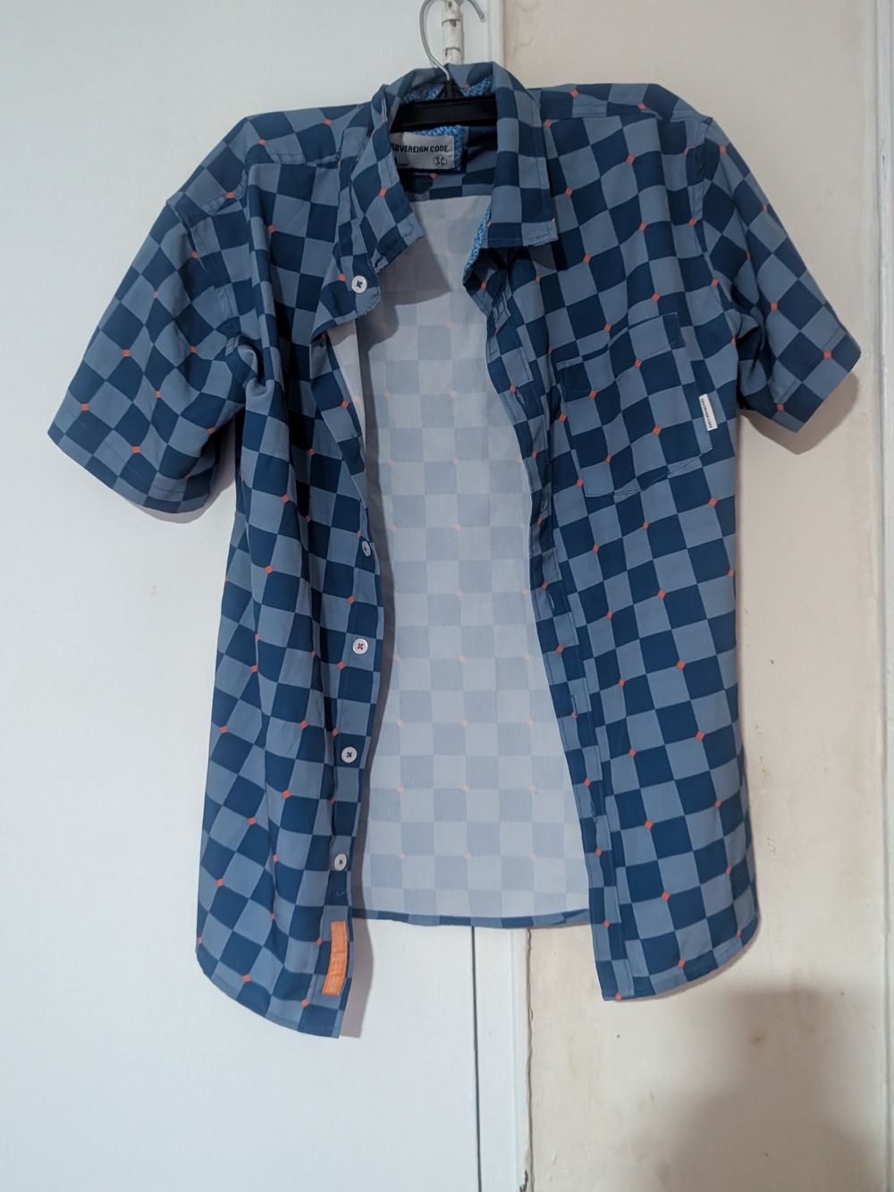 Sovereign Code Blue Check Short-Sleeve Button-Down with Coral Dots